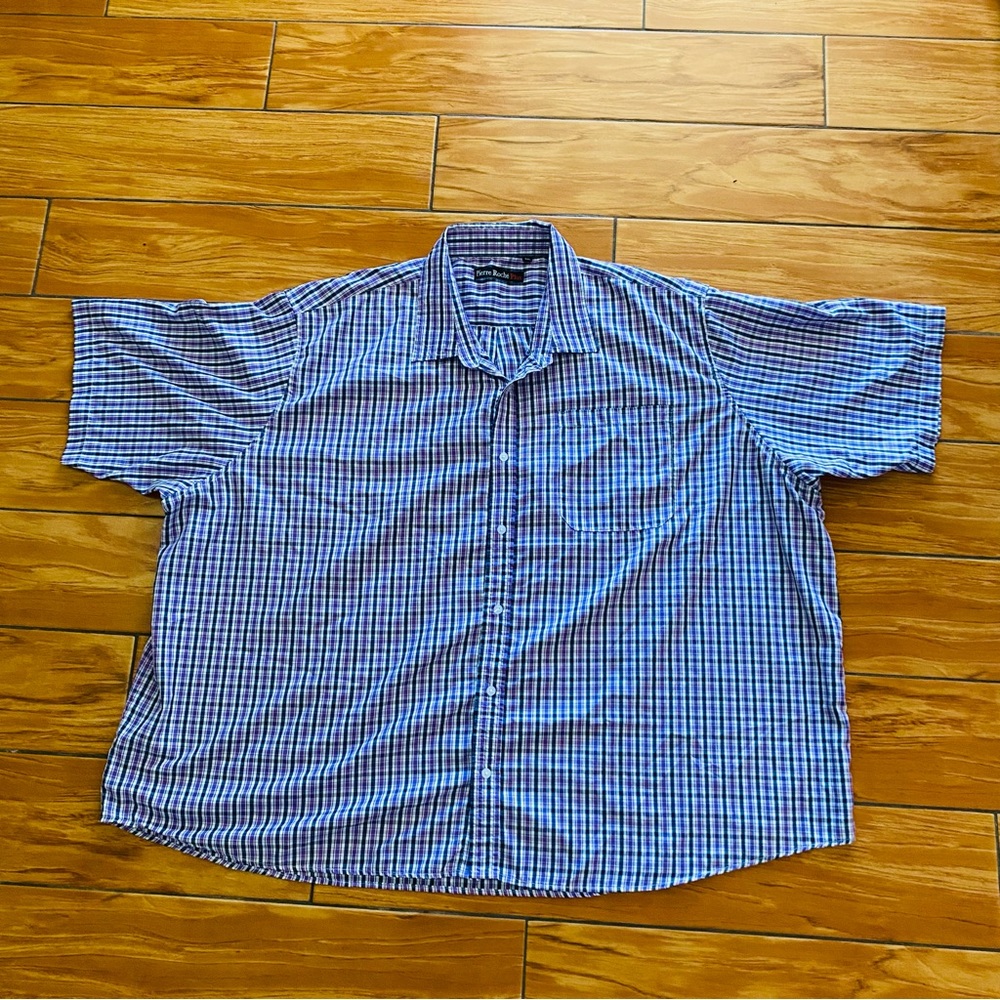 Pierre Roche Mens Button Up Shirt Purple/Black Striped Short Sleeve Plus Sz 3XL